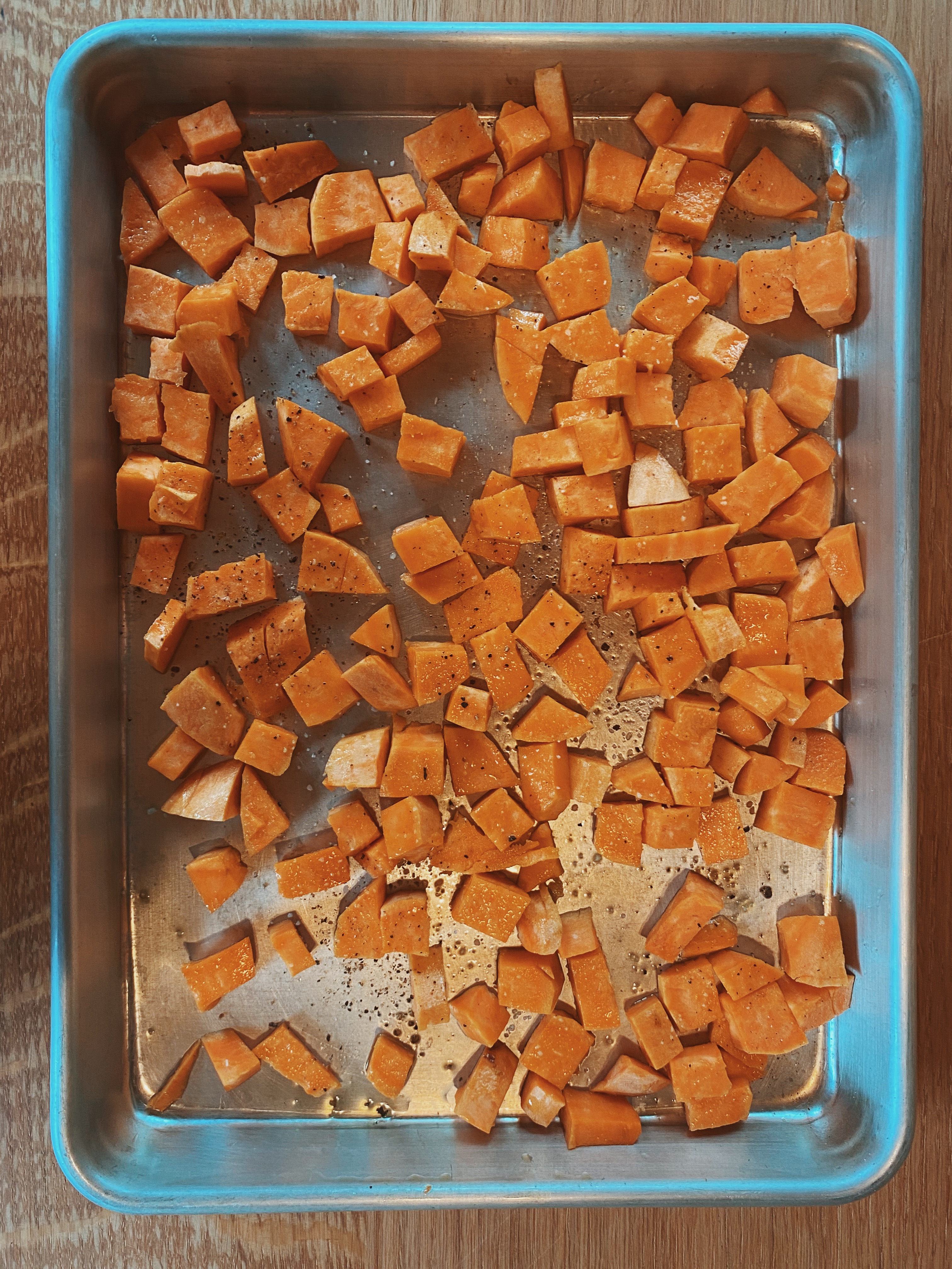 Chopped sweet potatoes into 1/4 inch size cubes. Chopped sweet potatoes into 1/4 inch size cubes.